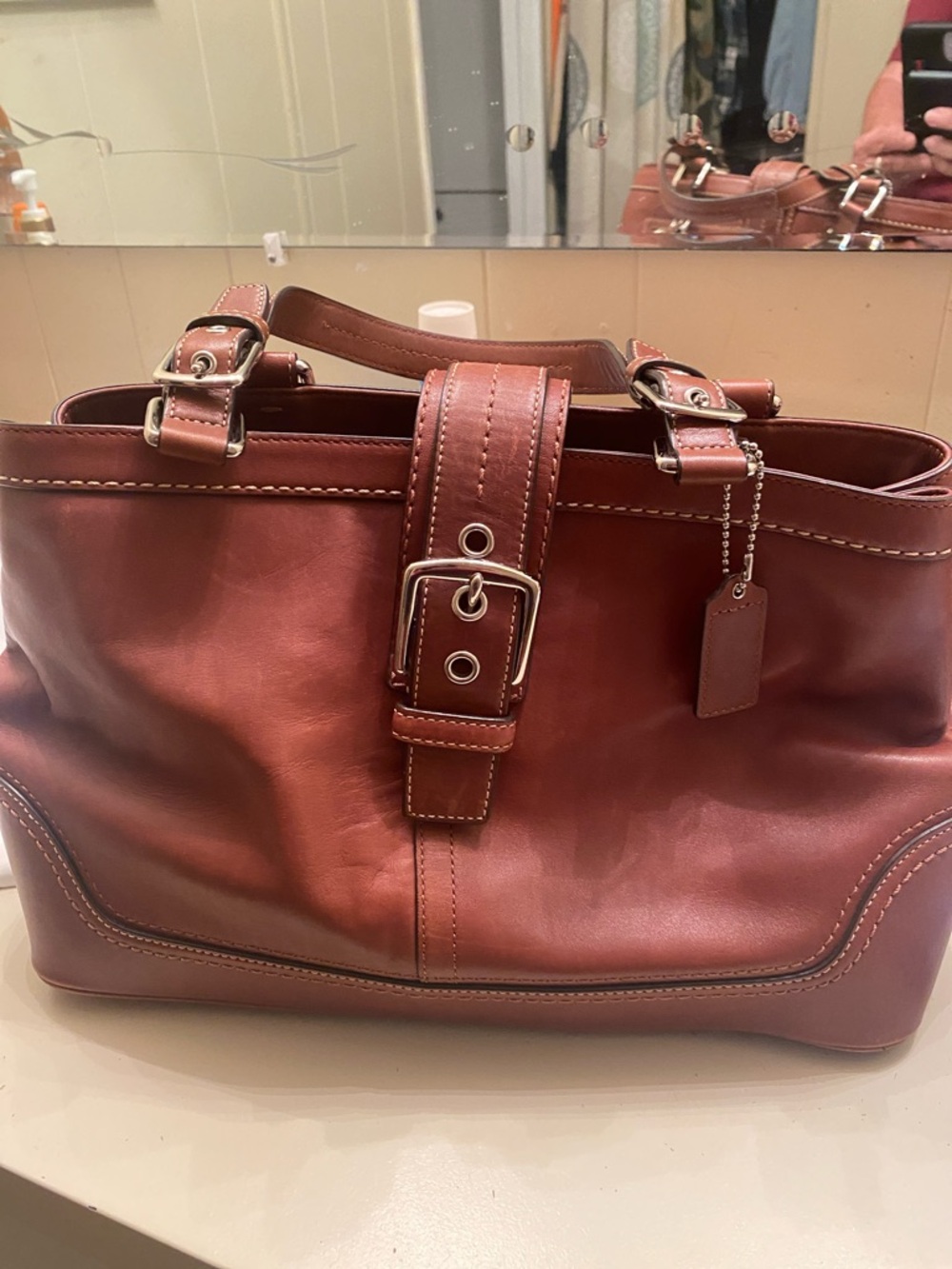 Coach Leather Shoulder Bag in Chestnut Brown with Buckle Detail